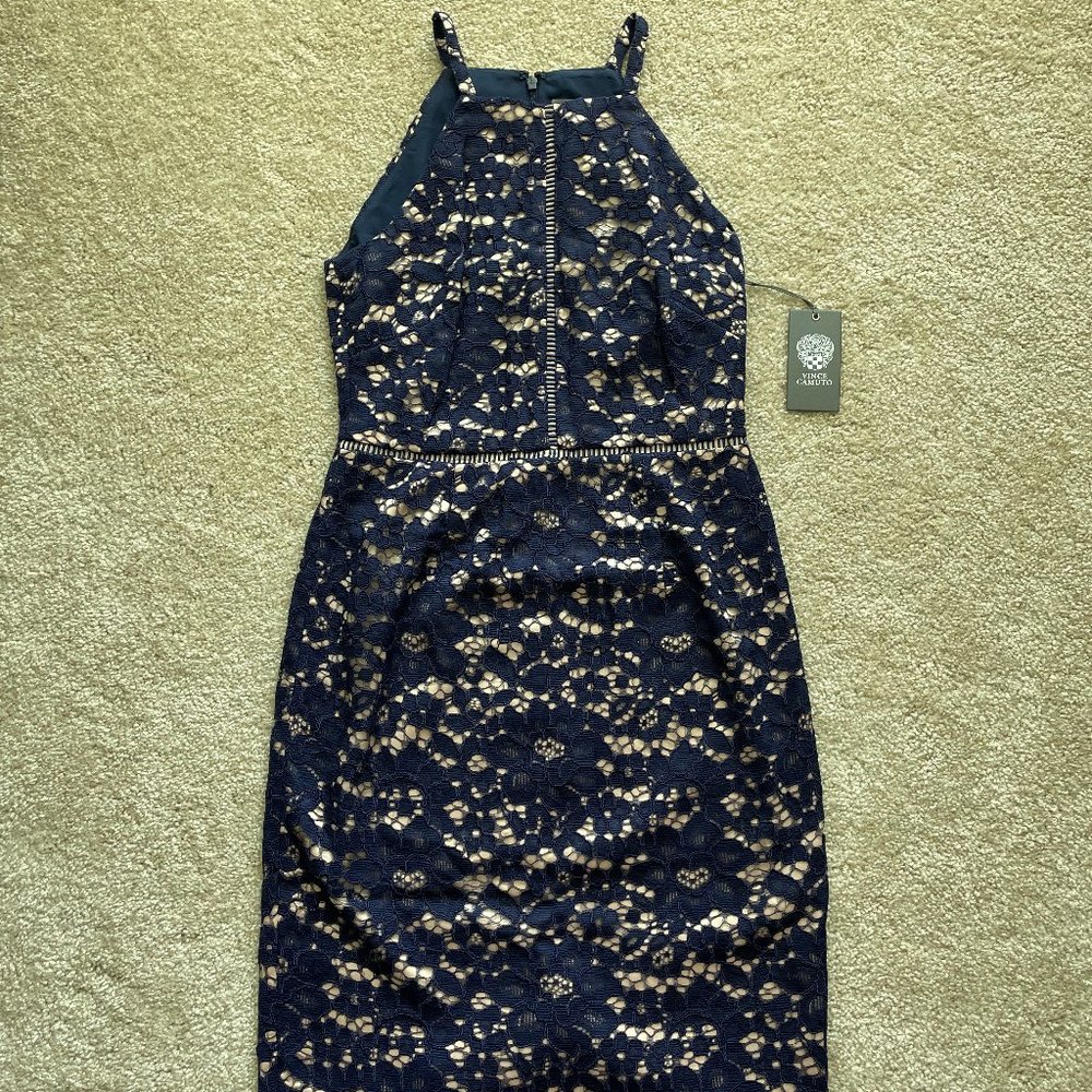 [NEW] Vince Camuto Illusion Sheath Bodycon Sleeveless Lace Dress Blue Size 2